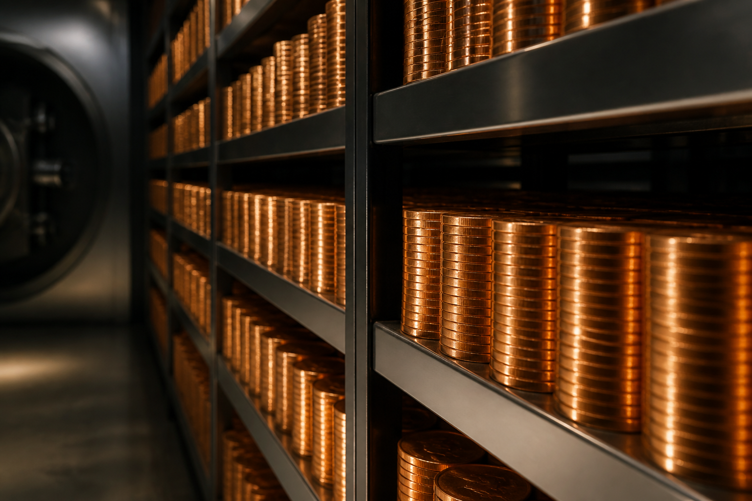 Rows of minted coins in a vault rack